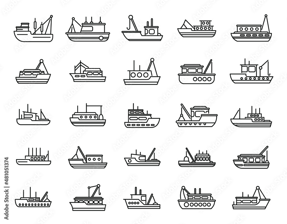 Fishing boat icons set outline vector. Cargo marine Stock Vector ...