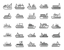 Fishing Boat Icons Set Outline Vector. Cargo Marine