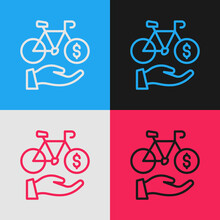 Pop Art Line Bicycle Rental Mobile App Icon Isolated On Color Background. Smart Service For Rent Bicycles In The City. Mobile App For Sharing System. Vector