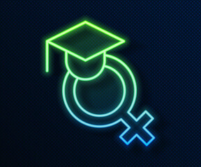 Sticker - Glowing neon line Teacher icon isolated on blue background. Vector