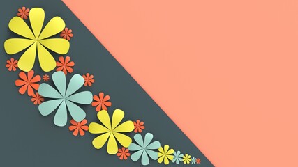 Fototapete - Purple-deep green background with yellow-orange-light blue paper flowers. Concept image of happy Invitation and reception sign. 3D high quality rendering. 3D illustration. High resolution.
