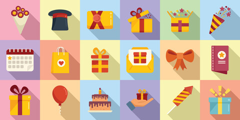 Sticker - Surprise icons set flat vector. Gift box