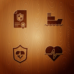 Sticker - Set Life insurance, Contract with shield, and Ship on wooden background. Vector