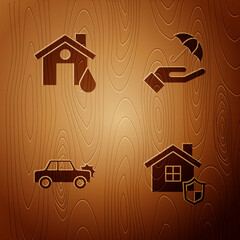 Canvas Print - Set House with shield, flood, Car and Umbrella in hand on wooden background. Vector