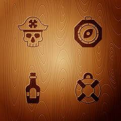 Wall Mural - Set Lifebuoy, Pirate captain, Alcohol drink Rum and Compass on wooden background. Vector