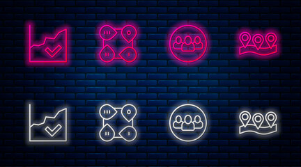 Set line Infographic element, Project team base, Financial growth increase and Location. Glowing neon icon on brick wall. Vector