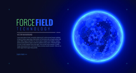 Aufkleber - Bubble Shield Futuristic HUD Illustration on a Blue Background. Dome Geometric Energy Shield. Sci-Fi Game Abstract Force Field Glowing Effect. Hexagonal 3D Sphere Vector Illustration.