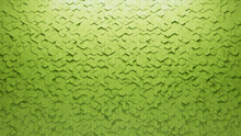 Green Tiles Arranged To Create A 3D Wall. Futuristic, Diamond Shaped Background Formed From Semigloss Blocks. 3D Render
