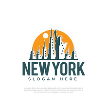 Logo Design Graphic Illustration Of Sunny New York City With Famous Buildings And Points Of Interest. Modern Vector Line Art Design.