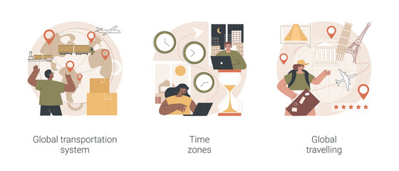 Poster - International business coordination abstract concept vector illustration set. Global transportation system, time zone, global travelling, worldwide logistics, travel agency, jet lag abstract metaphor.