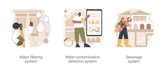Poster - House utilities abstract concept vector illustration set. Water filtering system, contamination detection, sewerage wastewater collection, septic system, smart home sensor abstract metaphor.