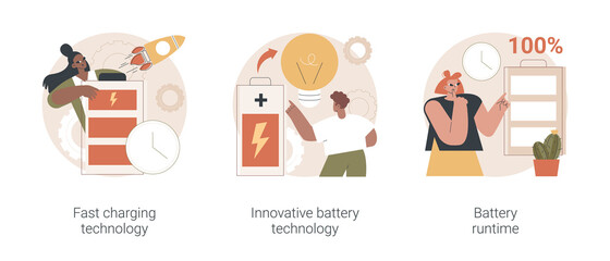Poster - Gadget power management abstract concept vector illustration set. Fast charging technology, innovative battery runtime, usb recharge, high energy capacity, long life, durability abstract metaphor.