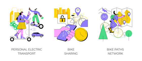 Poster - urban transportation abstract concept vector illustration set. personal electric transport, bike sha