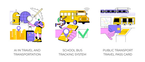 Poster - Technology in transportation abstract concept vector illustration set. AI in travel and transportation, school bus tracking system, public transport travel pass card, navigation abstract metaphor.