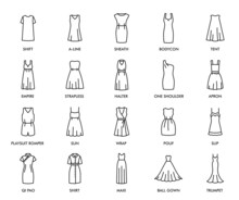 Woman Dresses Isolated Icons. Female Fashion Cloth Collection. Vector Models Shift, A-line, Sheath And Bodycon, Tent, Empire Or Strapless. Halter, One Shoulder And Playsuit Pomper Thin Line Dress