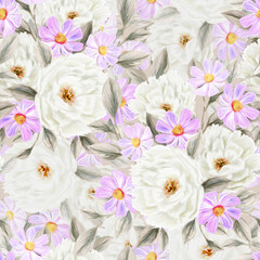 Wall Mural - Spring flowers seamless pattern. Botanical background. Arrangement of pink and white wildflowers.