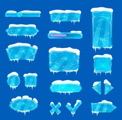 Poster - Blue ice crystal buttons, sliders, arrows and keys with snow and icicles. Vector game asset, user menu panel interface. Iced textured blocks, ui gui graphic design elements, frozen cartoon buttons