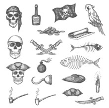 Pirate Map And Flag, Skulls, Daggers Weapon And Fish Bones, Rum Bottle, Parrot And Tobacco Pipe, Candle Sketches Set. Corsair, Filibuster Or Buccaneer Hand Drawn Vector Coins, Hand Hook And Cannonball
