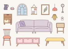 Collection Of Living Room Interior Furniture. Flat Design Style Vector Illustration.