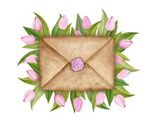 Spring Watercolor Illustration Vintage Envelope On Pink Tulips Background. Hand Drawn Spring Flowers And Lettering.
