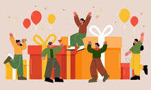 Birthday Party With Group Of Happy People, Big Gift Boxes, Confetti And Balloons. Vector Flat Illustration Of Friends Celebrate Holiday Together. Men And Women Have Fun With Presents