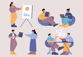 Poster - people work in office. business team, company staff on workplace. vector flat illustration of employ