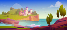 Mediterranean Landscape Stone Houses At Sea Coast With Moored Boats, Mountains And Green Trees Under Blue Clear Sky. Scenery Summer Panorama, Beautiful Scenic Nature, Cartoon Vector Illustration