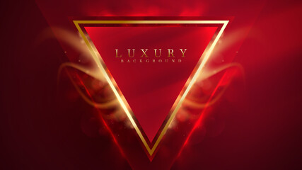 Dark red luxury background and golden triangle elements with flame effect with bokeh decoration and glitter light.