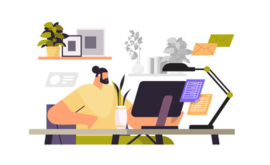 Poster - businessman freelancer sitting at workplace business man looking in computer monitor working process