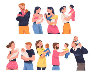 Poster - People Character Holding Baby with Arms Nursing Him Vector Illustration Set