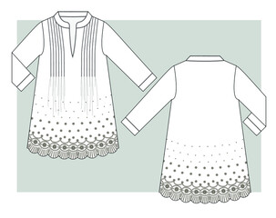 Wall Mural - Woven dress with pinches on front and lace on border of bottom. Technical sketch.