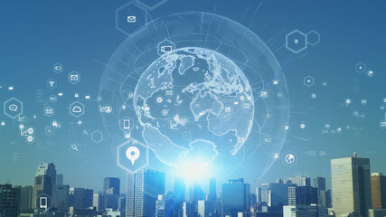Poster - Global communication network concept. Digital transformation. DX.
