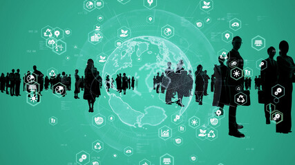 Poster - Environmental technology concept. Sustainable development goals. SDGs. Group of people. Human Resources.