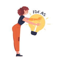 Sticker - Smiling Woman with Glowing Light Bulb Having Idea Vector Illustration