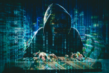 Wall Mural - Double exposure of hacker steal data in cyberspace