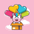 cute unicorn mascot cartoon character fly with balloon