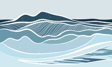 Sea Landscape Abstract Background In Trendy Line Art Style. Banner With Line Art Ocean Composition, Ideal For Wall Art Print, Modern Poster, Minimal Interior Design, Social Media. Vector EPS 10