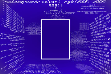 Poster - Glowing purple coding programming background with square mock up frame. Big data and code concept. 3D Rendering.