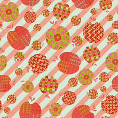 Poster - Colored apples filled with colorful ornaments vector seamless repeat pattern print on diagonal striped background