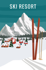 Wall Mural - Vintage Mountain winter resort Alps, with wooden old fashioned skis and poles. Snow landscape peaks, slopes. Travel retro poster