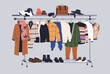 Male capsule wardrobe on racks. Men fashion clothes and accessories on hanger rail. Fall, winter garments, footwear and bags. Modern casual apparel collection. Colored flat vector illustration