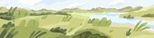 Summer Landscape With Grass And Water. Rural Nature Panorama With River, Green Field And Sky Horizon. Countryside Scene, Panoramic View. Peaceful Country Scenery. Colored Flat Vector Illustration