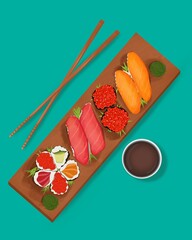Illustration rolls and sushi salmon tuna avocado wasabi caviar Japanese food seafood soy sauce and chopsticks illustration for the menu and design of the restaurant on a green background