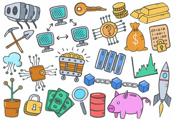 Poster - cryptocurrency crypto doodle hand drawn set collections with flat outline style