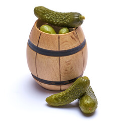 Wall Mural - Barrel of Tasty green cornichons isolated on a white background