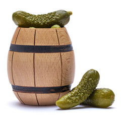 Wall Mural - Barrel of Tasty green cornichons isolated on a white background