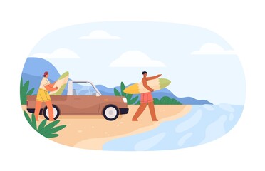 Wall Mural - Surfers arrived at sea beach with surfboards. Guys with car and surf boards at seaside on summer holidays. Men friends on summertime vacation. Flat vector illustration isolated on white background