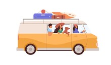 Friends Travel By Car On Summer Holidays. Happy People And Dog In Van During Summertime Road Trip. Man, Women And Doggy In Caravan On Vacation. Flat Vector Illustration Isolated On White Background