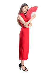 Poster - Asian Chinese woman in a cheongsam dress holding fan