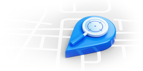 Fototapete - Location map pin symbol of gps navigation mark icon or travel position pointer marker and delivery find direction sign on search place destination 3d address background with magnifier discovery road.
